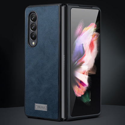 Pour Samsung Galaxy Z Fold4 SULADA Coque de téléphone en TPU antichoc + cuir fait à la main (bleu)