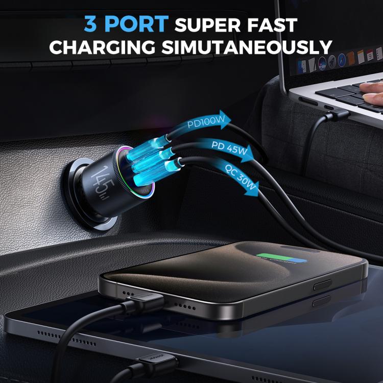Chargeur de voiture 3 ports JOYROOM JR-CCN07 145W double PD+QC3.0 (gris foncé)