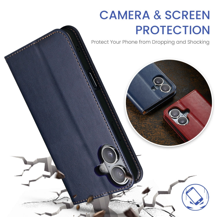 For iPhone 16 Fierre Shann PU Genuine Leather Texture Phone Case(Blue)