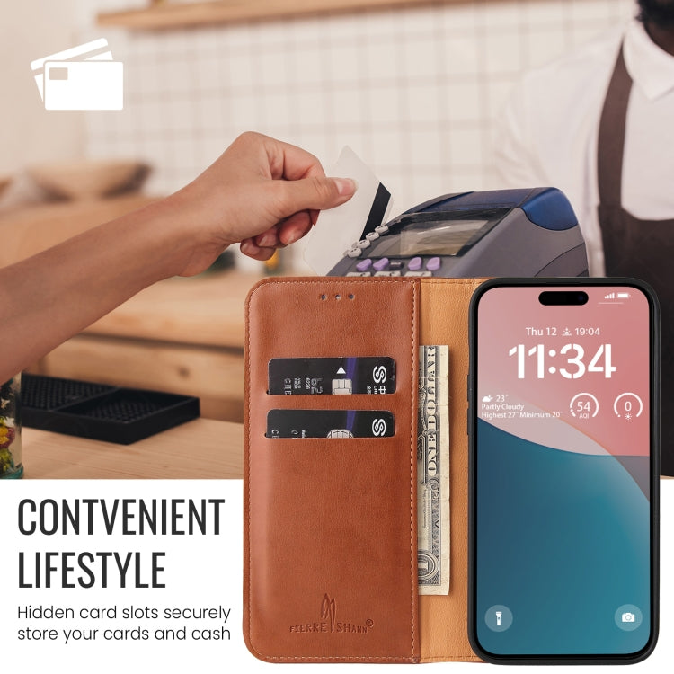 Pour iPhone 16 Étui de téléphone en cuir véritable texturé Fierre Shann PU (Marron)