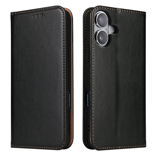 For iPhone 16 Fierre Shann PU Genuine Leather Texture Phone Case(Black)
