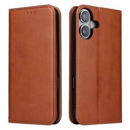 For iPhone 16 Plus Fierre Shann PU Genuine Leather Texture Phone Case(Brown)