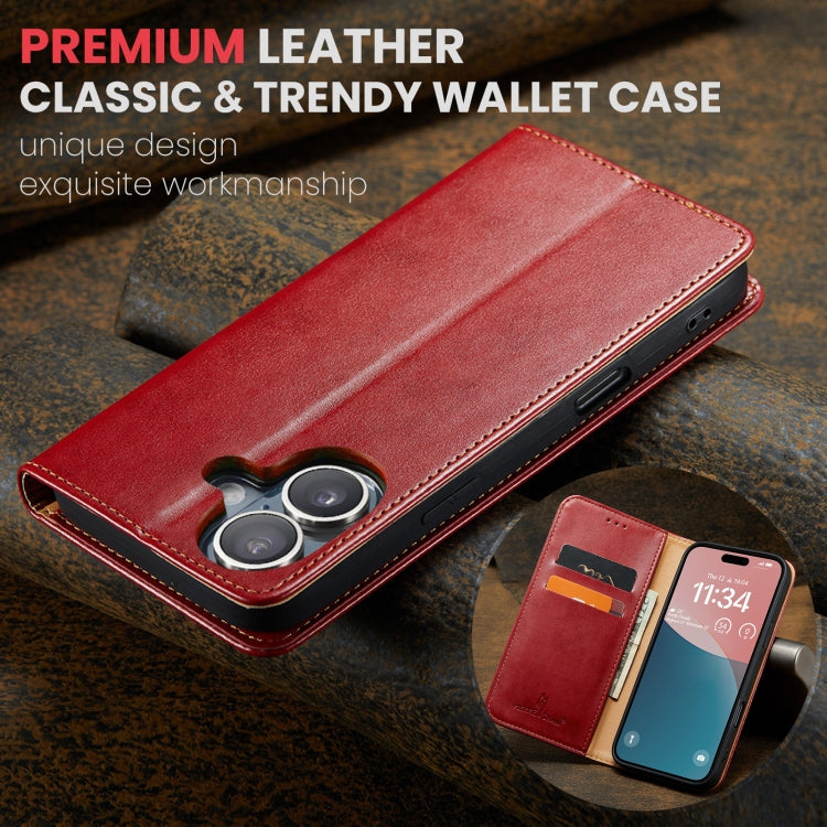 For iPhone 16 Plus Fierre Shann PU Genuine Leather Texture Phone Case(Red)