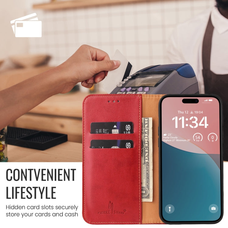 For iPhone 16 Plus Fierre Shann PU Genuine Leather Texture Phone Case(Red)
