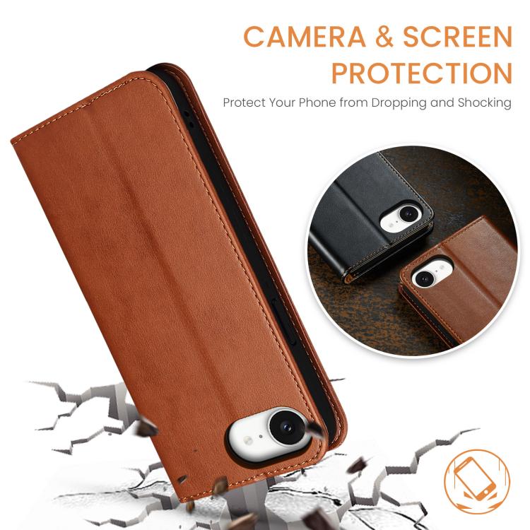 Pour iPhone 17e / 16e Fierre Shann PU Étui de téléphone texturé en cuir véritable (Marron)