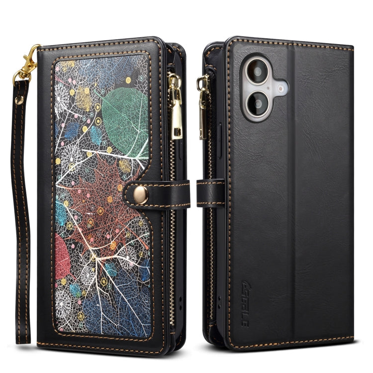 Pour iPhone 16 ESEBLE Star Series Étui en cuir RFID avec fermeture éclair et dragonne (noir)