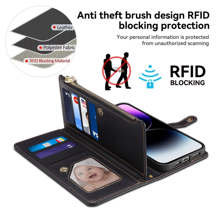 Pour iPhone 16 ESEBLE Star Series Étui en cuir RFID avec fermeture éclair et dragonne (noir)
