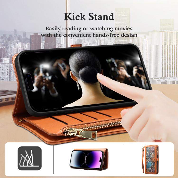 For iPhone 17e / 16e ESEBLE Star Series Lanyard Zipper Wallet RFID Leather Case(Brown)