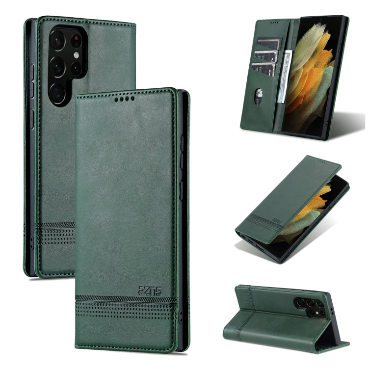For Samsung Galaxy S24 Ultra 5G AZNS Magnetic Calf Texture Flip Leather Phone Case(Dark Green)