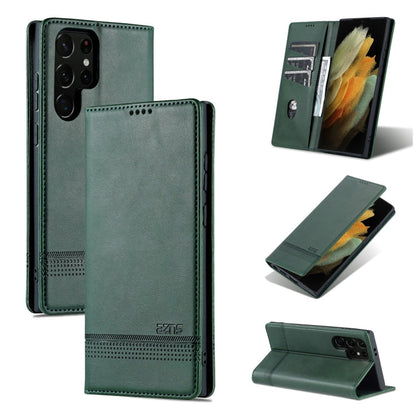 For Samsung Galaxy S24 Ultra 5G AZNS Magnetic Calf Texture Flip Leather Phone Case(Dark Green)