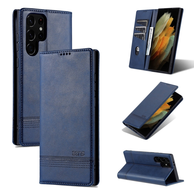 Pour Samsung Galaxy S24 Ultra 5G AZNS Étui de Téléphone en Cuir Rabat Texture Veau Magnétique (Bleu Foncé)