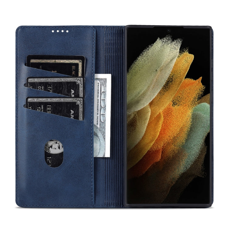 Pour Samsung Galaxy S24 Ultra 5G AZNS Étui de Téléphone en Cuir Rabat Texture Veau Magnétique (Bleu Foncé)