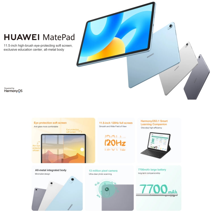 HUAWEI MatePad 11,5 pouces 2023 WIFI, 8 Go+128 Go, HarmonyOS 3.1 Qualcomm Snapdragon 7 Gen 1 Octa Core, ne prend pas en charge Google Play (Argent)