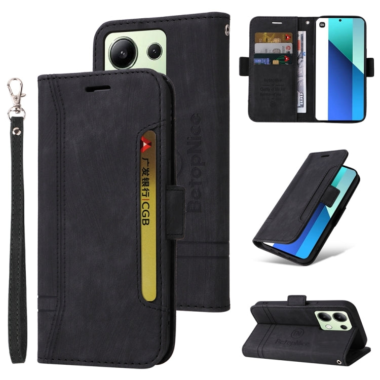 Pour Xiaomi Redmi Note 13 4G BETOPNICE Étui de téléphone en cuir avec boucle double face (Noir)
