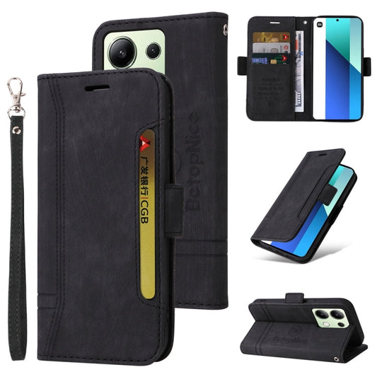 Pour Xiaomi Redmi Note 13 4G BETOPNICE Étui de téléphone en cuir avec boucle double face (Noir)