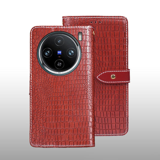 Pour Coque de Téléphone en Cuir Texture Crocodile idewei pour vivo X100 Pro (Rouge)