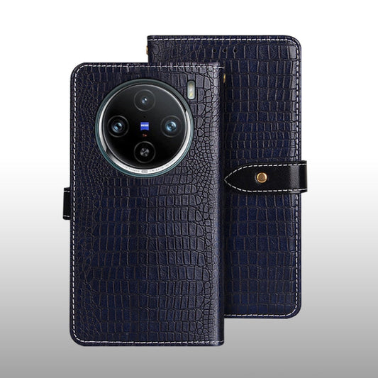 Pour coque de téléphone en cuir texture crocodile idewei pour vivo X100 Pro (bleu foncé)