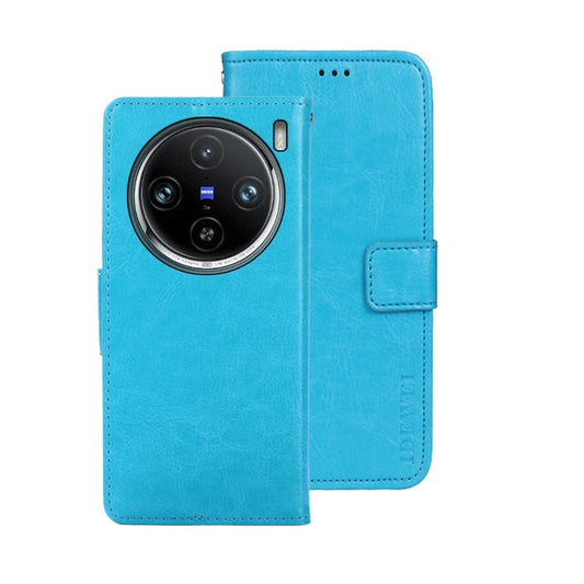 Pour étui de téléphone en cuir avec texture Crazy Horse idewei pour vivo X100 Pro (bleu ciel)