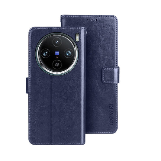 Pour coque de téléphone en cuir avec texture Crazy Horse de marque Idewei pour vivo X100 Pro (Bleu)