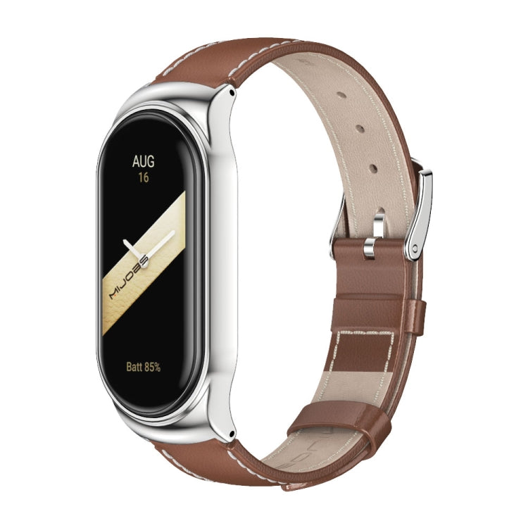 For Xiaomi Mi Band 8 / 9 Mijobs CS Case Genuine Leather Top Layer Cowhide Watch Band(Brown Silver)