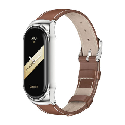 For Xiaomi Mi Band 8 / 9 Mijobs CS Case Genuine Leather Top Layer Cowhide Watch Band(Brown Silver)