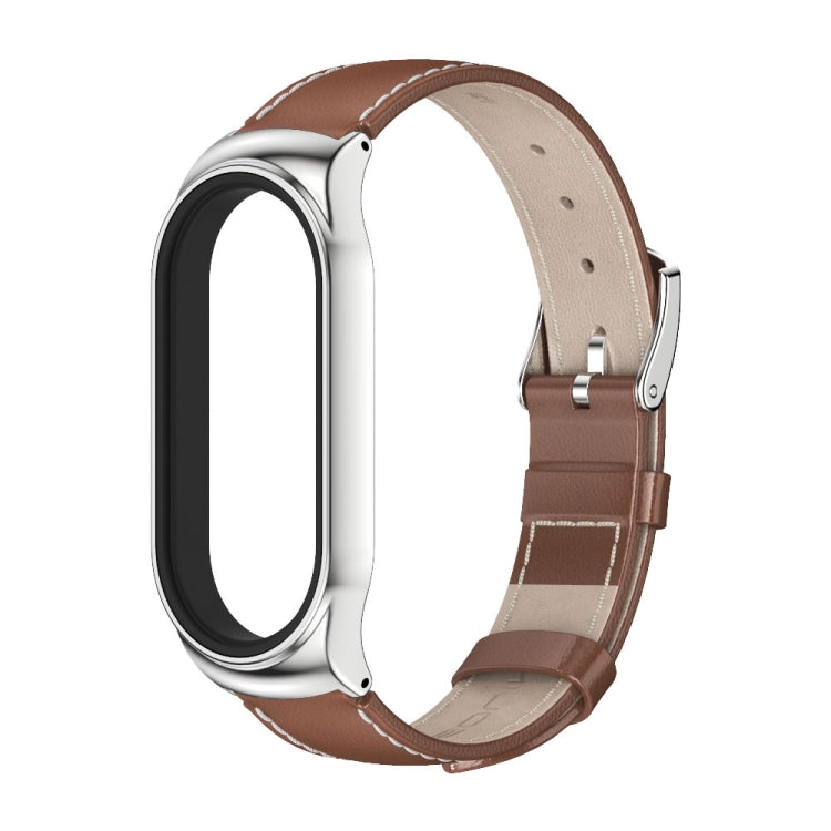 For Xiaomi Mi Band 8 / 9 Mijobs CS Case Genuine Leather Top Layer Cowhide Watch Band(Brown Silver)