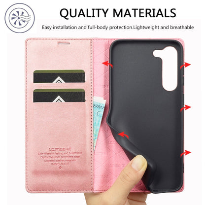 Pour Samsung Galaxy S24+ 5G LC.IMEEKE Coque de Téléphone en Cuir Microfibre à Fort Magnétisme (Or Rose)