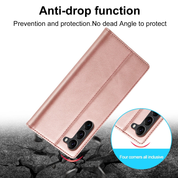 Pour Samsung Galaxy S24+ 5G LC.IMEEKE Coque de Téléphone en Cuir Microfibre à Fort Magnétisme (Or Rose)