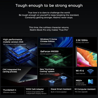 Xiaomi RedmiBook Pro 14 inch Laptop, 16GB+512GB, Windows 11 Home Chinese Version, Intel 12th Gen Core i7-12650H Deca Core MX550 Discrete Graphics