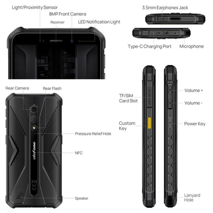 [Entrepôt HK] Ulefone Armor X12 Pro, 4 Go + 64 Go, Téléphone robuste IP68/IP69K, Android 15 MediaTek Helio G36 Octa Core de 5,45 pouces, Réseau: 4G, NFC (Tout noir)