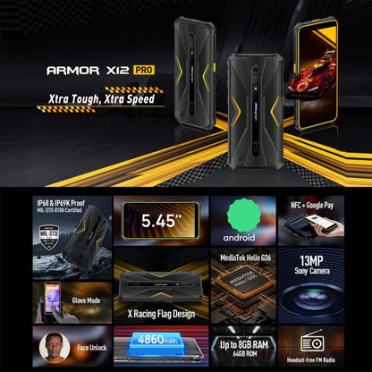 [Entrepôt de Hong Kong] Ulefone Armor X12 Pro, 4 Go+64 Go, téléphone robuste IP68/IP69K, écran 5,45 pouces Android 15 MediaTek Helio G36 Octa Core, Réseau : 4G, NFC (certains Orange)
