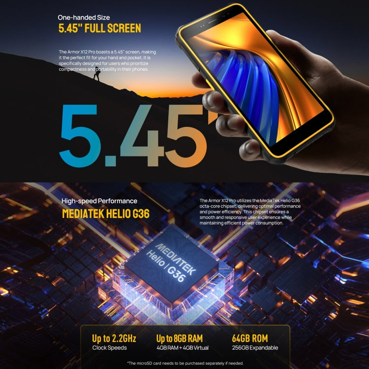 [Entrepôt HK] Ulefone Armor X12 Pro, 4 Go + 64 Go, Téléphone robuste IP68/IP69K, Android 15 MediaTek Helio G36 Octa Core de 5,45 pouces, Réseau: 4G, NFC (Tout noir)