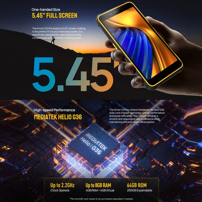 [Entrepôt HK] Ulefone Armor X12 Pro, 4 Go + 64 Go, Téléphone robuste IP68/IP69K, Android 15 MediaTek Helio G36 Octa Core de 5,45 pouces, Réseau: 4G, NFC (Tout noir)