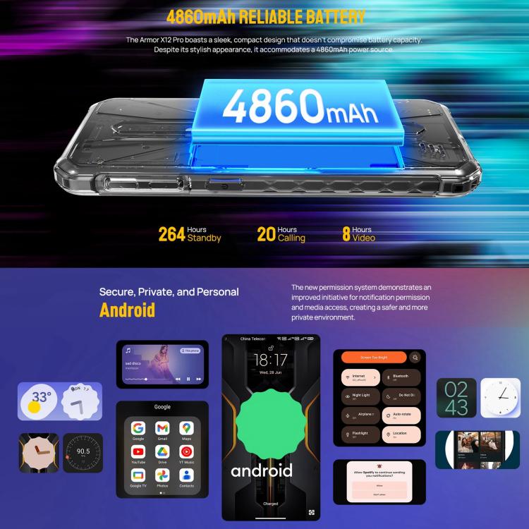 [Entrepôt HK] Ulefone Armor X12 Pro, 4 Go + 64 Go, Téléphone robuste IP68/IP69K, Android 15 MediaTek Helio G36 Octa Core de 5,45 pouces, Réseau: 4G, NFC (Tout noir)