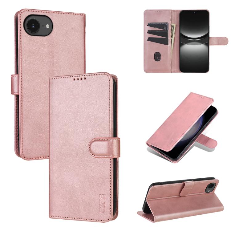 Pour iPhone 17e / 16e AZNS Étui portefeuille en cuir grainé avec texture veau (Or rose)