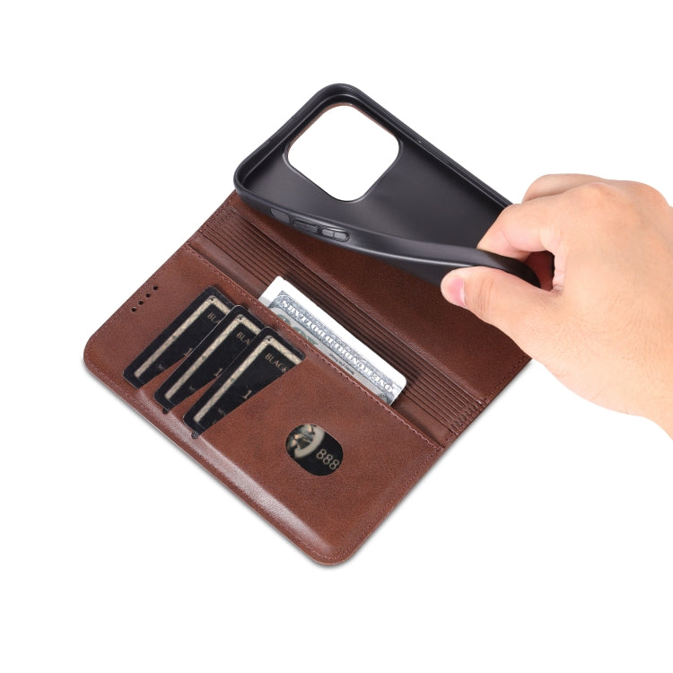 Pour iPhone 16 Pro Max AZNS Étui portefeuille en cuir texturé veau magnétique (marron foncé)