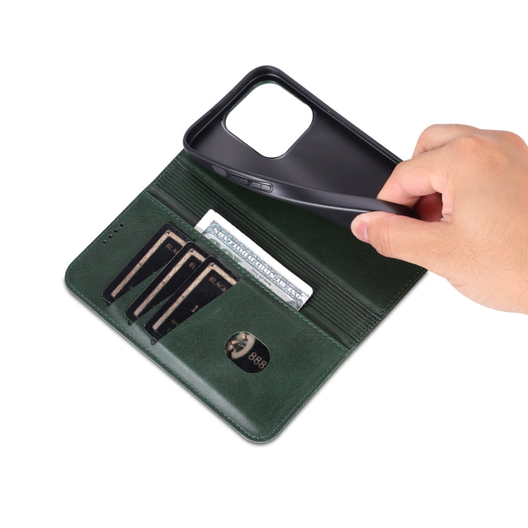 For iPhone 16 Pro AZNS Magnetic Calf Texture Flip Leather Phone Case(Dark Green)