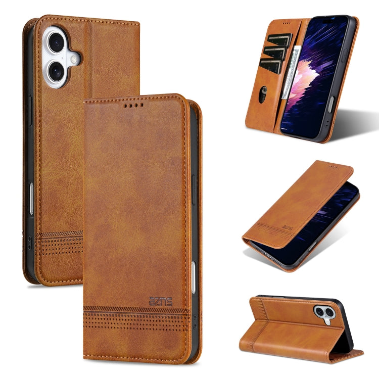 Pour iPhone 16 Étui de téléphone en cuir avec rabat texturé en veau magnétique AZNS (marron clair)
