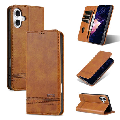 Pour iPhone 16 Étui de téléphone en cuir avec rabat texturé en veau magnétique AZNS (marron clair)