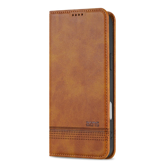 Pour iPhone 16 Étui de téléphone en cuir avec rabat texturé en veau magnétique AZNS (marron clair)