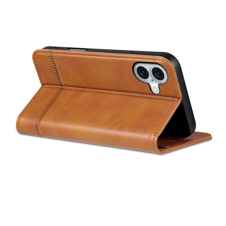 Pour iPhone 16 Étui de téléphone en cuir avec rabat texturé en veau magnétique AZNS (marron clair)