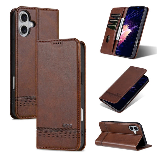 Pour iPhone 16 Étui de téléphone en cuir rabattable à texture veau magnétique AZNS (marron foncé)