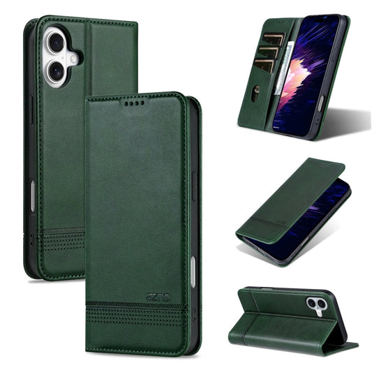 Pour iPhone 16 AZNS Étui de téléphone en cuir à rabat texturé magnétique en veau (vert foncé)