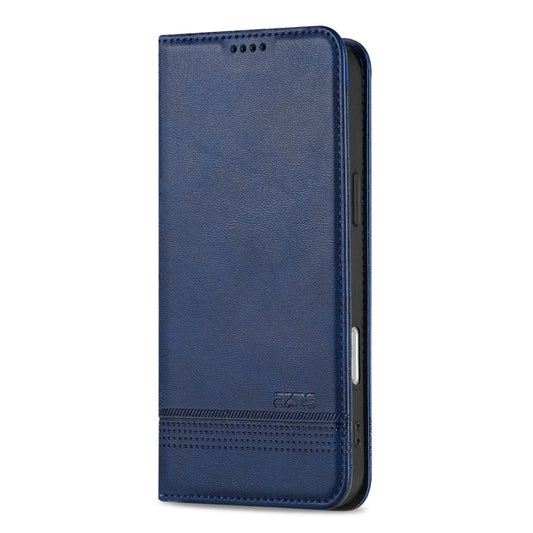 Pour iPhone 16 Étui de téléphone en cuir avec rabat magnétique et texture veau AZNS (bleu foncé)