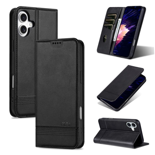 Pour iPhone 16 Coque de téléphone en cuir à rabat magnétique texturé de veau AZNS (noir)