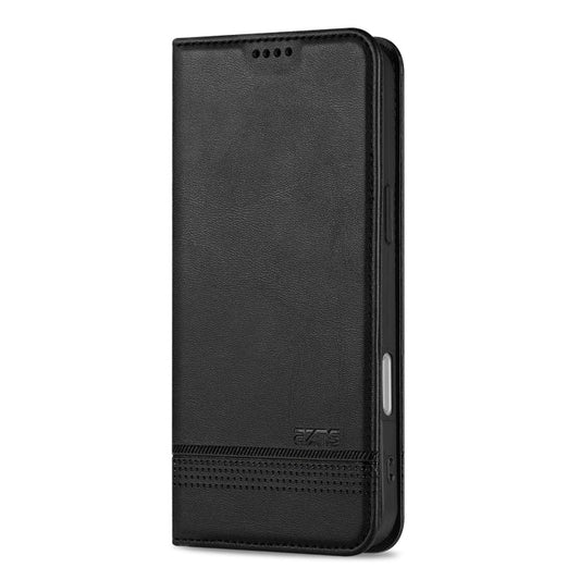 Pour iPhone 16 Coque de téléphone en cuir à rabat magnétique texturé de veau AZNS (noir)