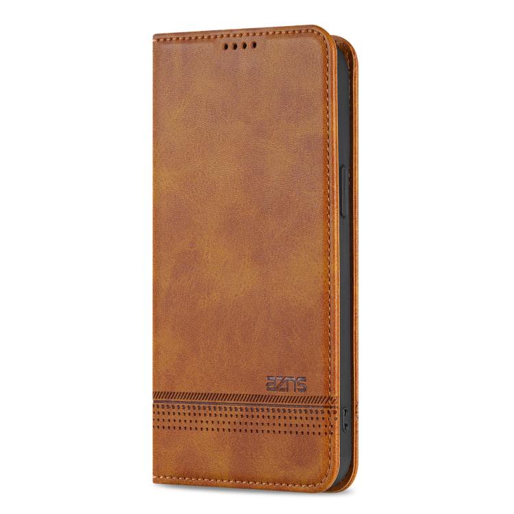 Pour iPhone 17e / 16e AZNS Coque de téléphone en cuir à rabat texturé magnétique en veau (marron clair)