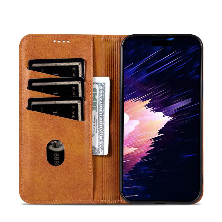 Pour iPhone 17e / 16e AZNS Coque de téléphone en cuir à rabat texturé magnétique en veau (marron clair)