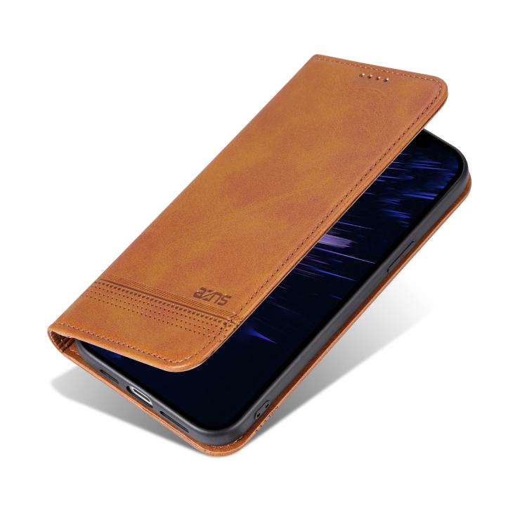 Pour iPhone 17e / 16e AZNS Coque de téléphone en cuir à rabat texturé magnétique en veau (marron clair)