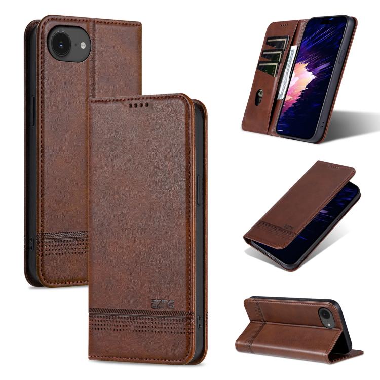 Pour iPhone 17e / 16e AZNS Coque de téléphone en cuir à rabat texturé magnétique en veau (marron foncé)